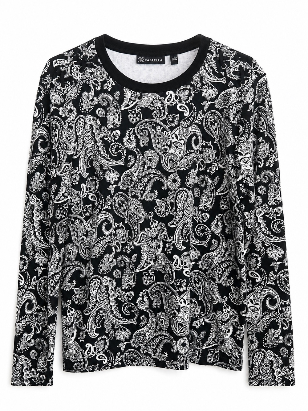 Rafaella Black & White Paisley Lace-Up Shoulder Top | L